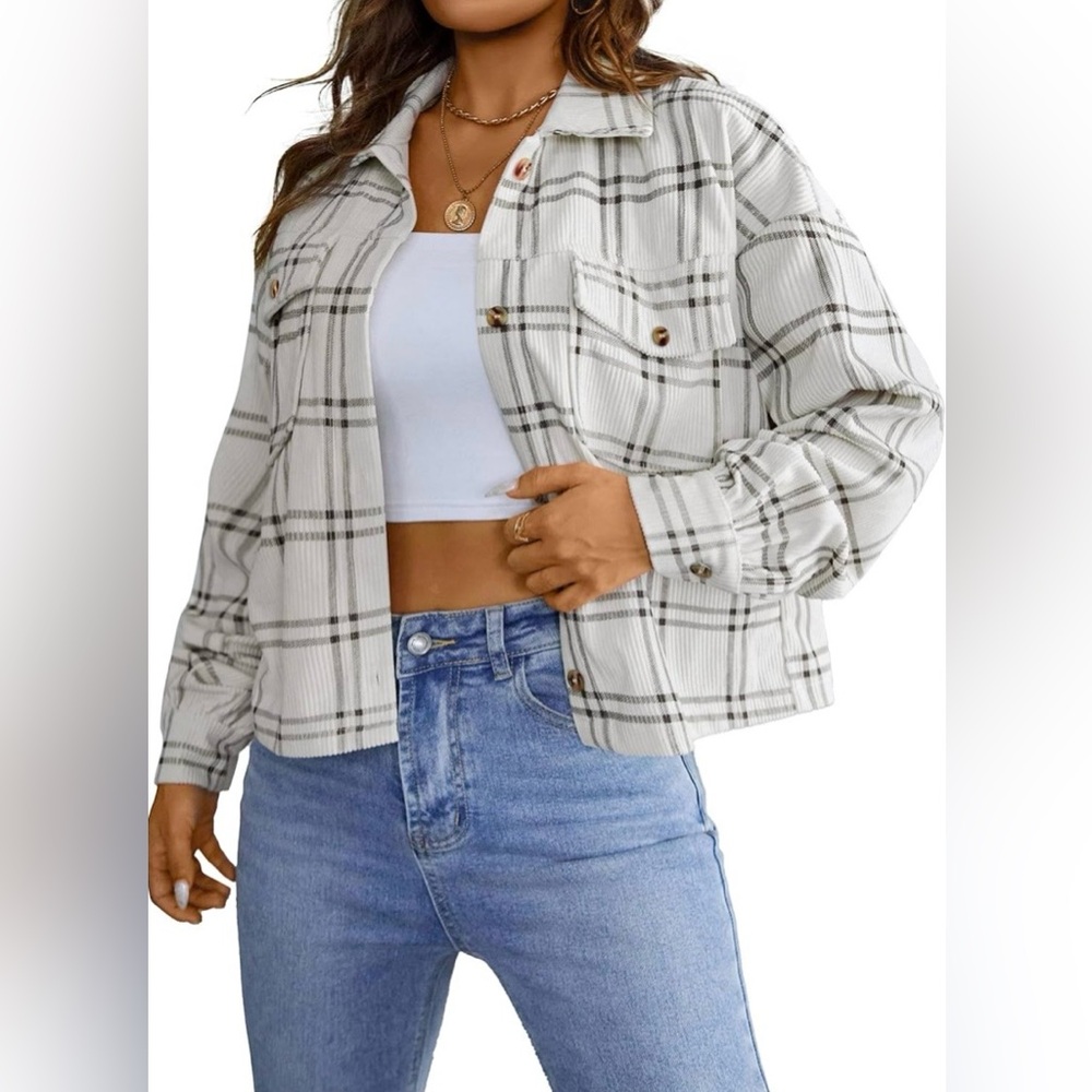 Corduroy Cropped Plaid Shacket Collar Button Down Long Sleeve Shirt with Pockets